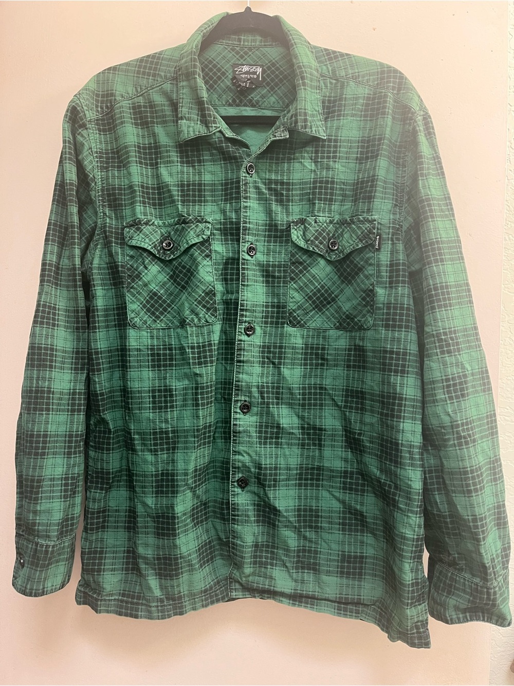 Stussy Green Black Plaid Button-Down Cotton Shirt